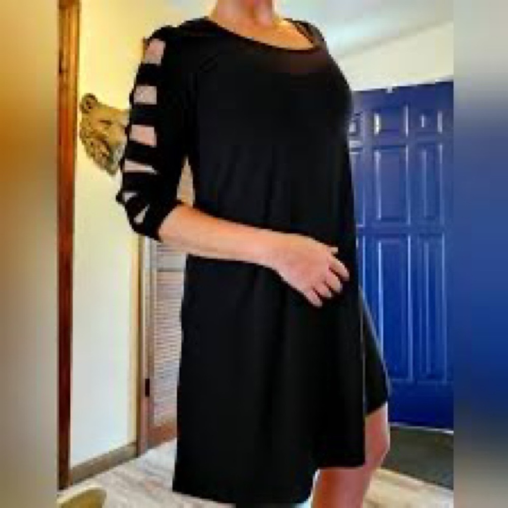 JM Collection Lattice Sleeve Black Dress. PM